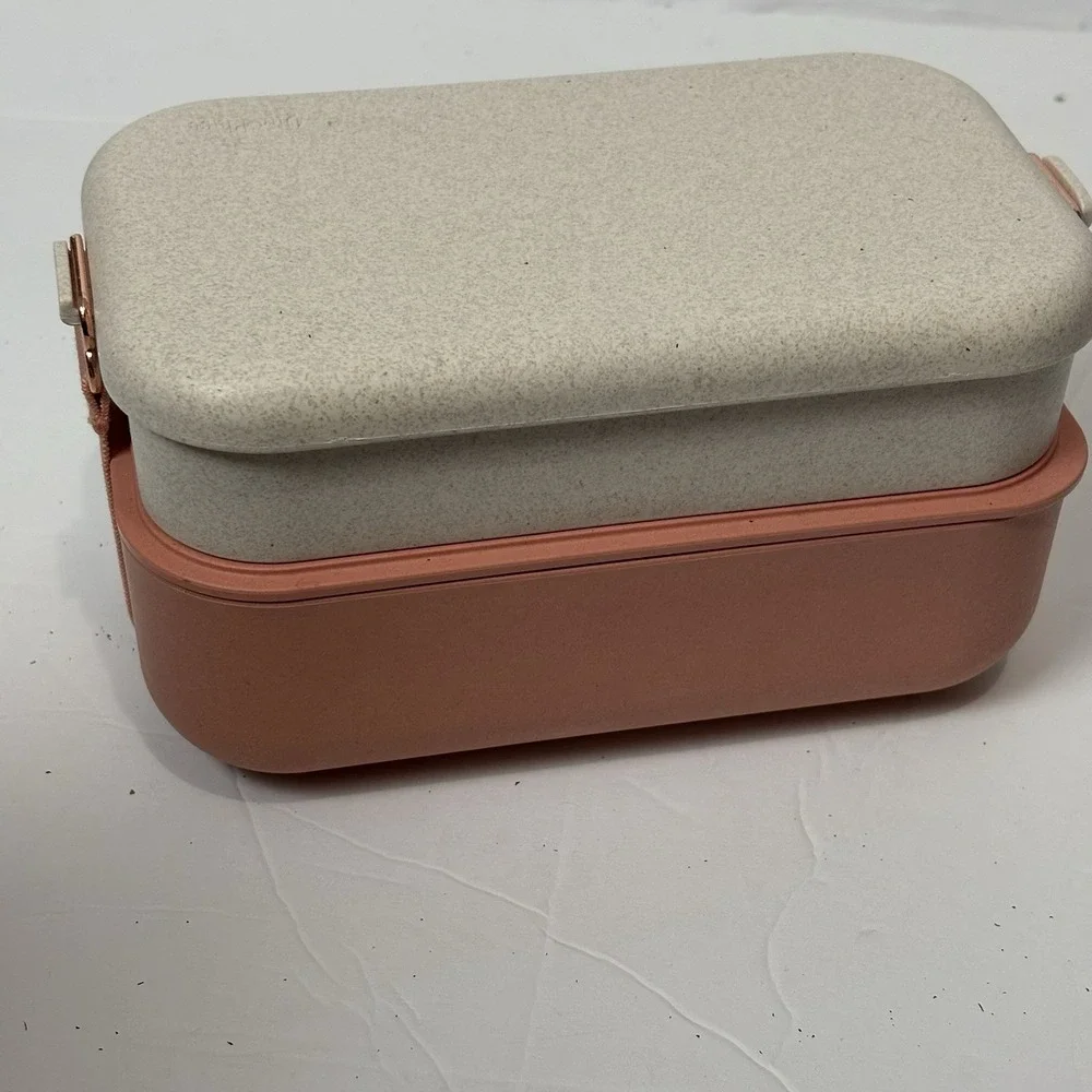 Our Place Layered Lunch Box w/Clips & Utensils Pink Rose Gold Bento Meal Prep